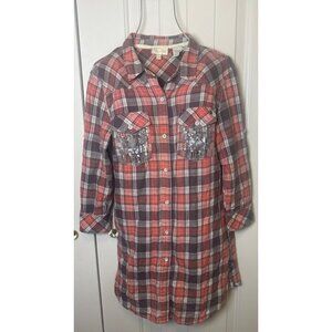 Miss Me Flannel Shirt Dress Button Down Sequins, Size: Small